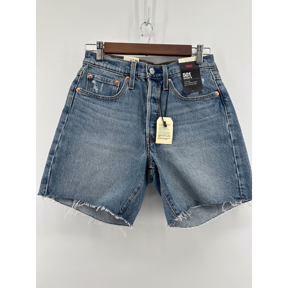 Levi's 501 Shorts Womens Blue Denim High Rise Button Fly Raw Hem 5-Pocket 26 NWT